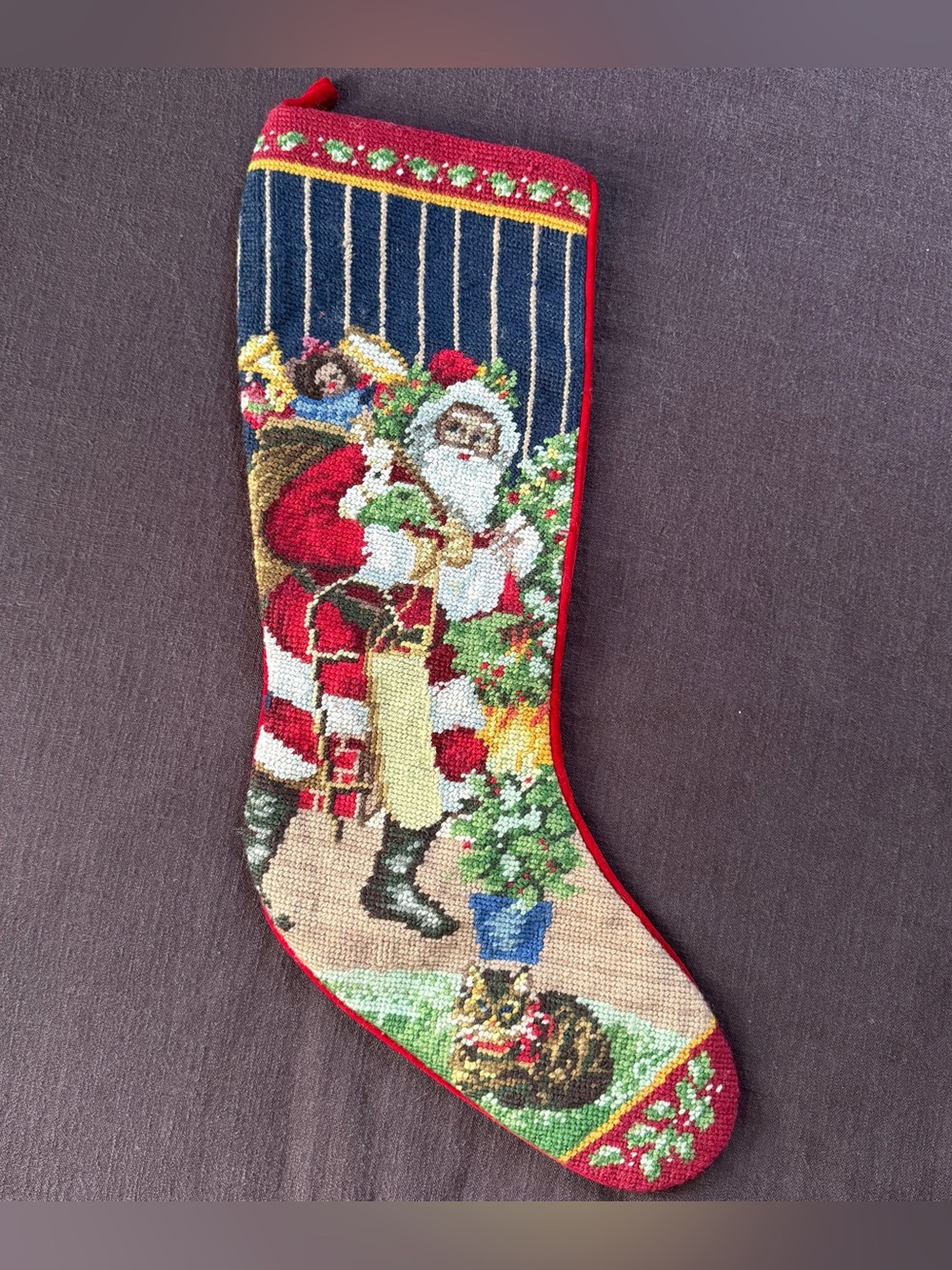Vintage Handmade Needlepoint Christmas Stocking Santa Claus 21” Cross Stitch